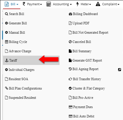 bill generation tariff menu