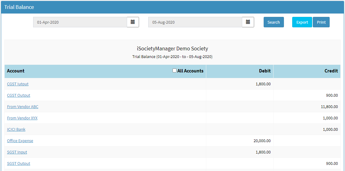 get trial balance for society accounting system