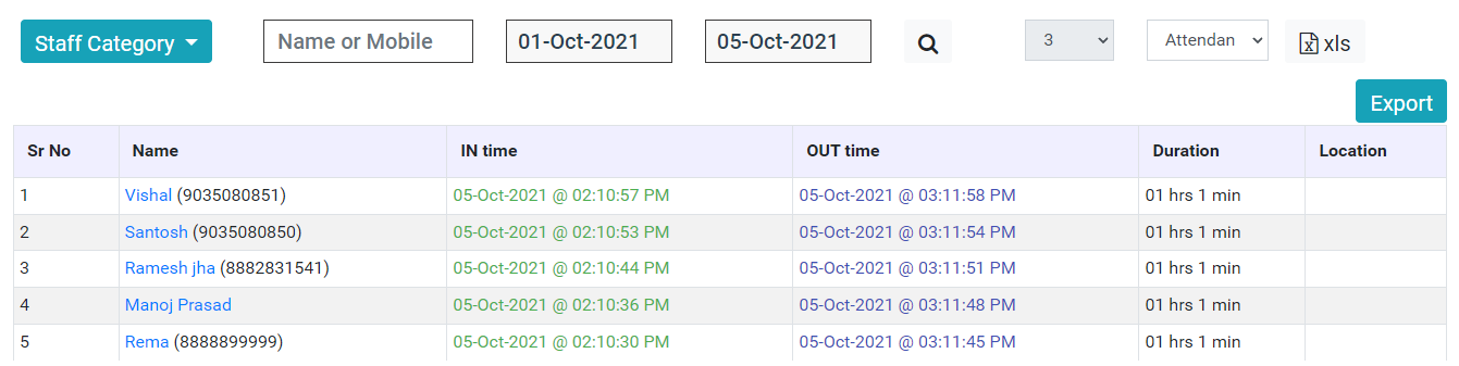 attendance report between 2 dates