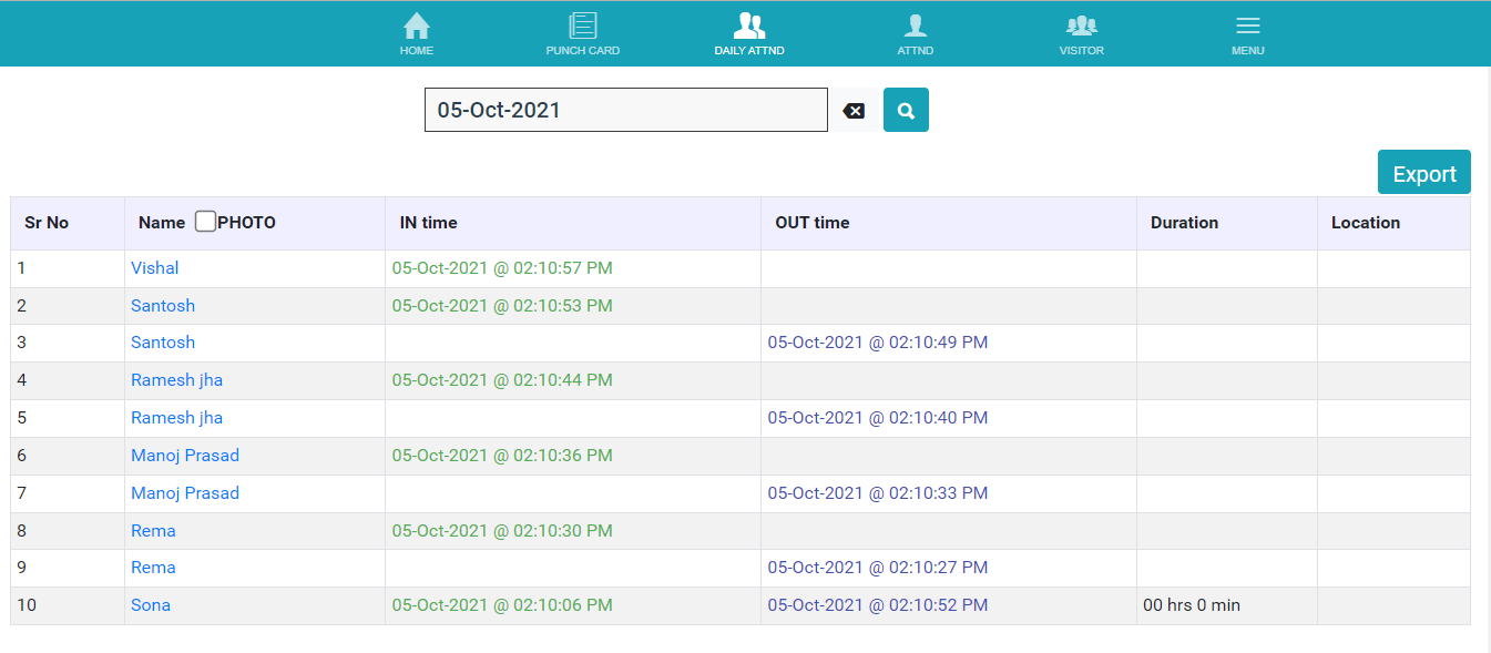 daily attendance report of facility and housekeeping staff