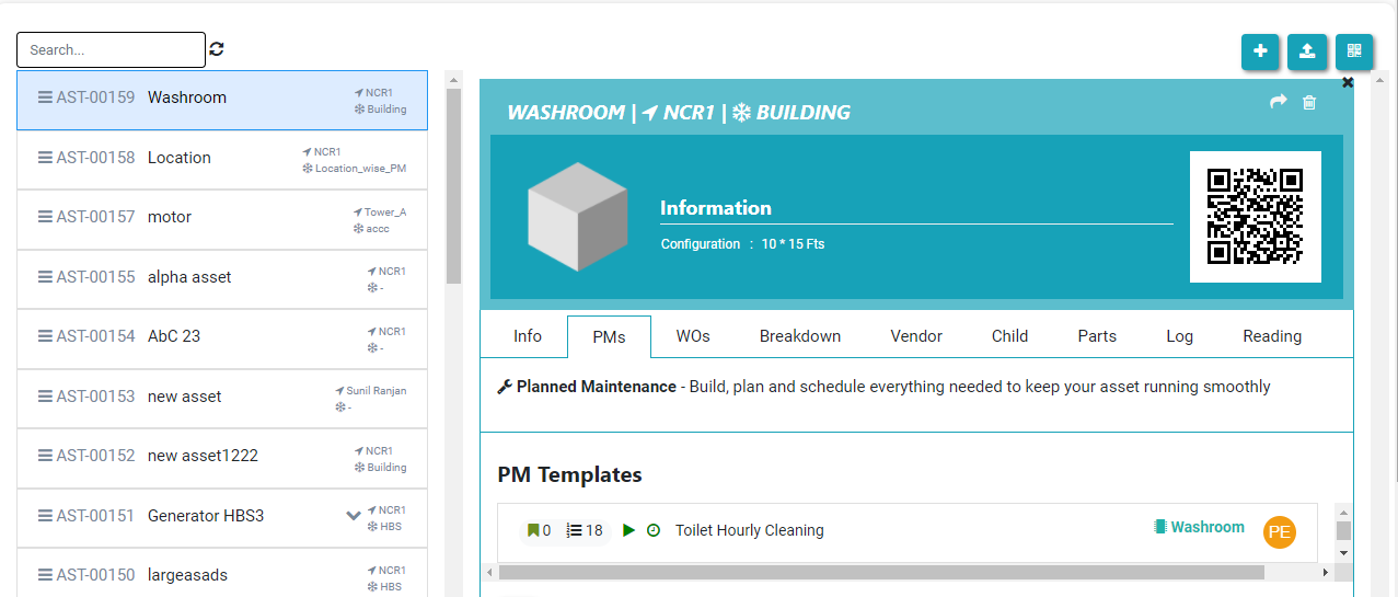 asset or equipment list view in kaizen cmms cafm facility management solution