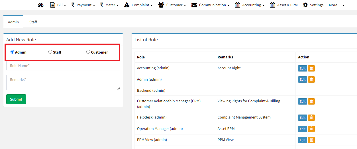 add new role in facility management software factech