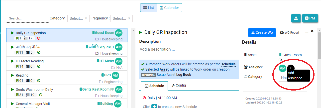 assign pm schedule to staff, housekeeper, technician