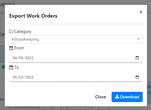 category wise schedule wise detail work order execution report between 2 dates in kaizen cafm factech