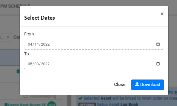 select dates for schedule wise detail work order execution report between 2 dates in kaizen cafm factech