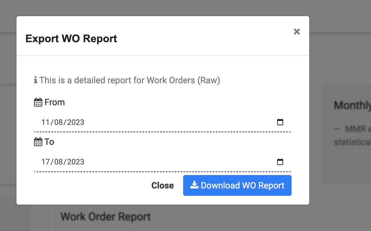 select dates for work order performed by facility team