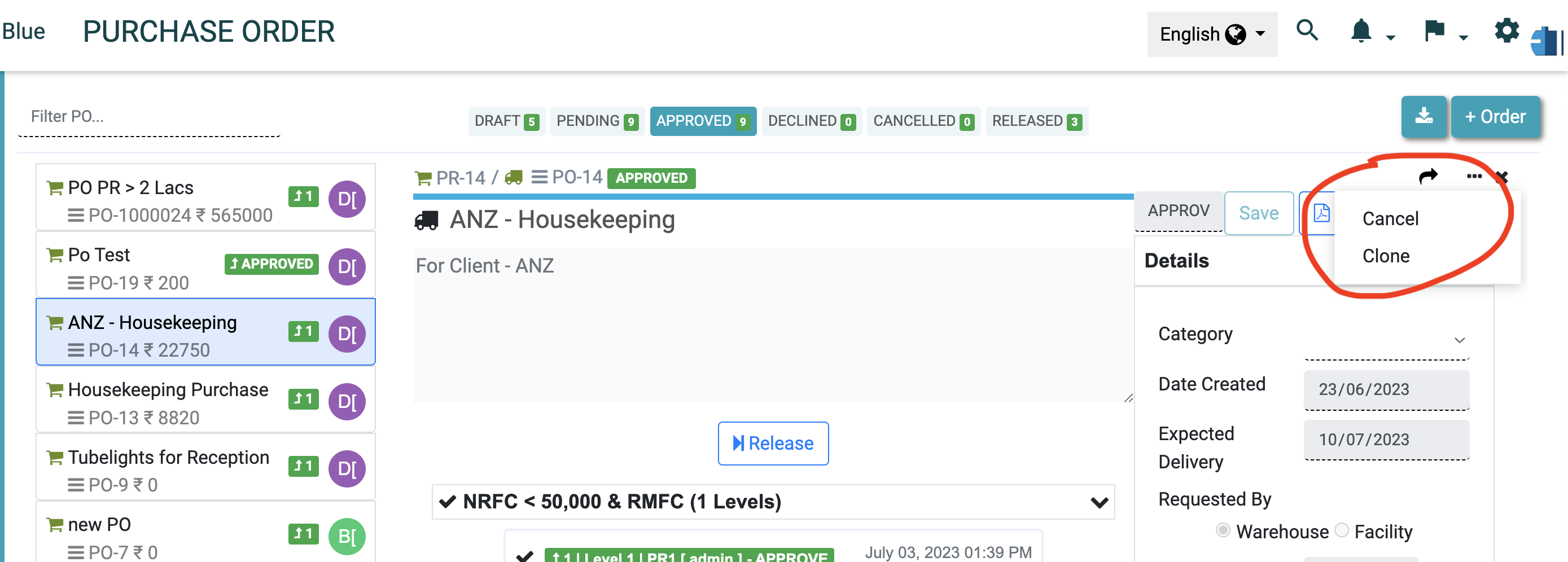 cancel approved or pending purchase orders