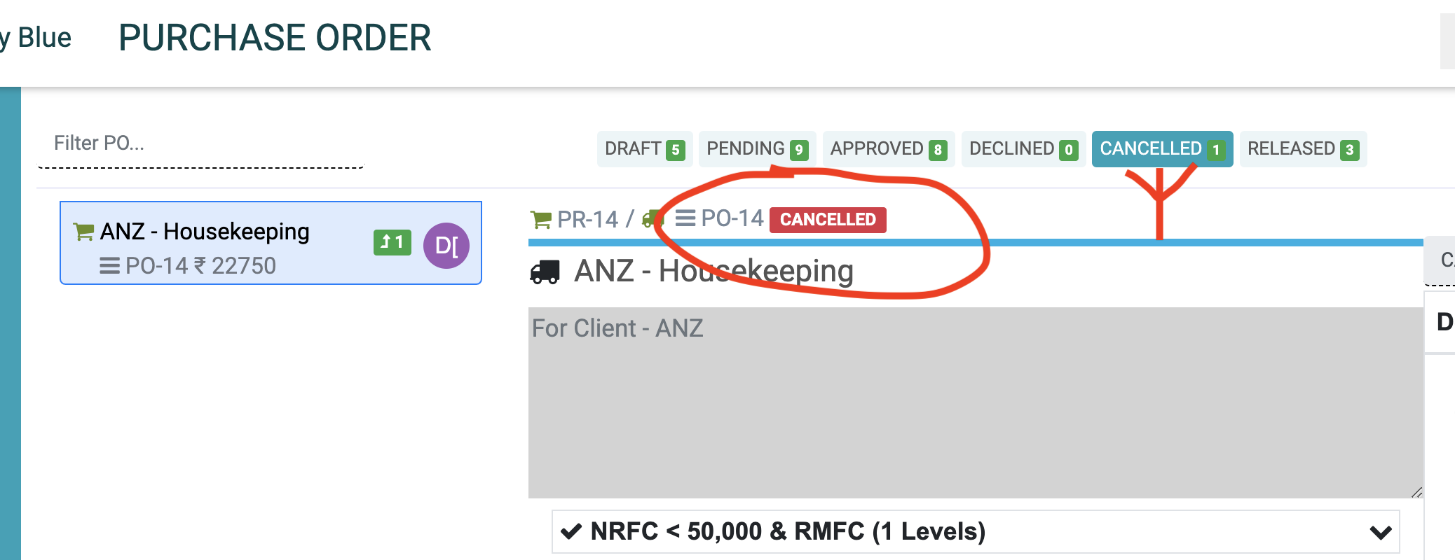 How to view cancelled po