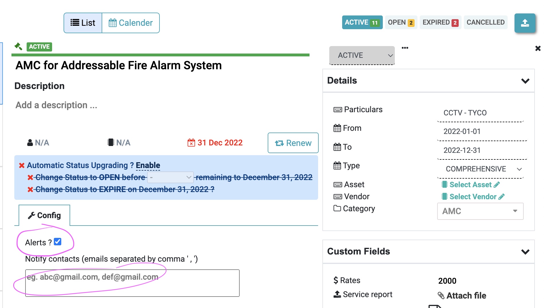 configure alert & reminders for AMC