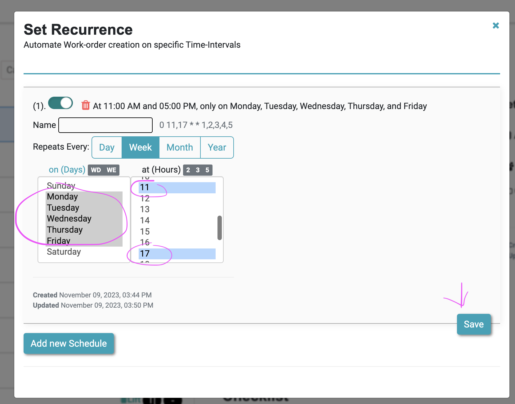 set pm schedule week days